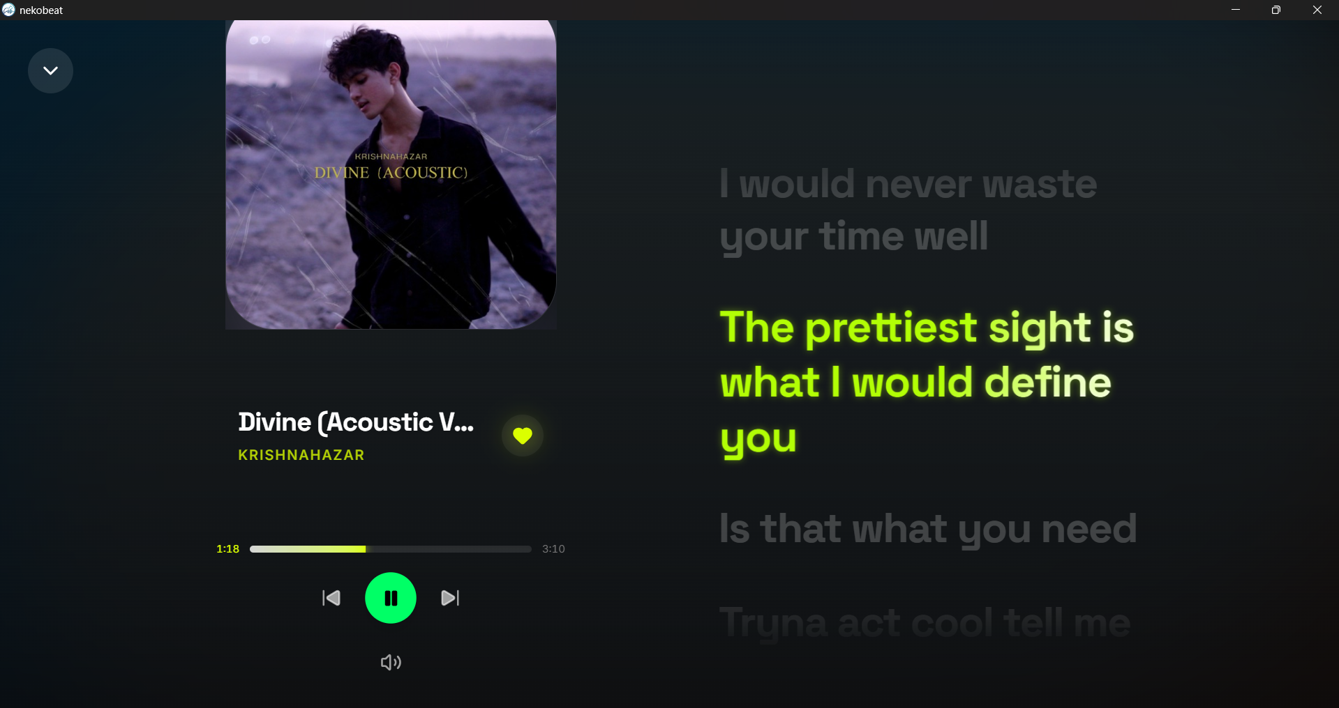 NekoBeat desktop app — expanded player view with album art, synced lyrics, and playback controls