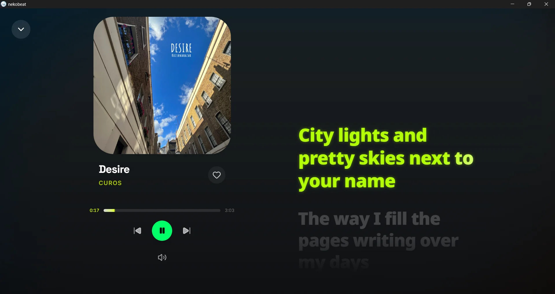 NekoBeat desktop app — expanded player view with album art, synced lyrics, and playback controls