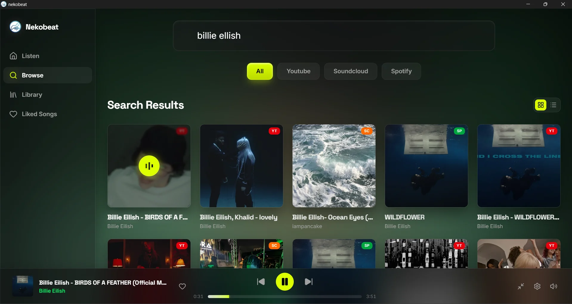 NekoBeat multi-source search results